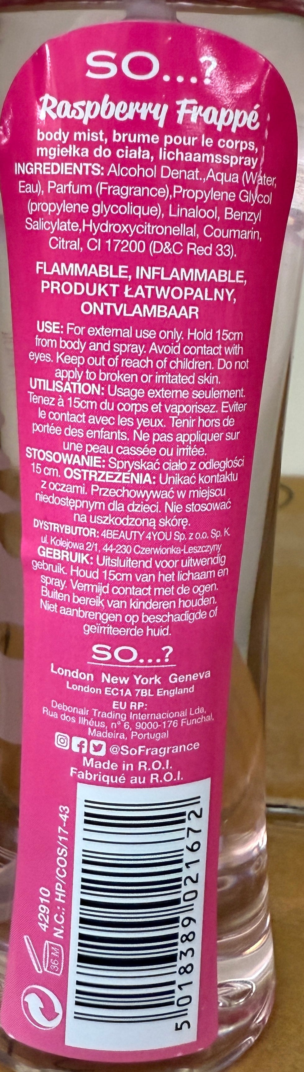 SO...? Body Mist RASPBERRY FRAPPE' 100ml